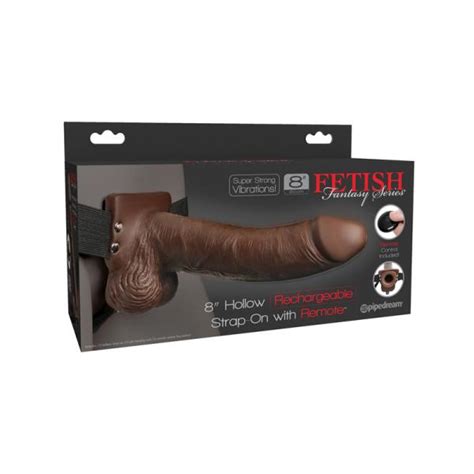 Fetish Fantasy 8in Hollow Rechargeable Strap On With Remote Brown On