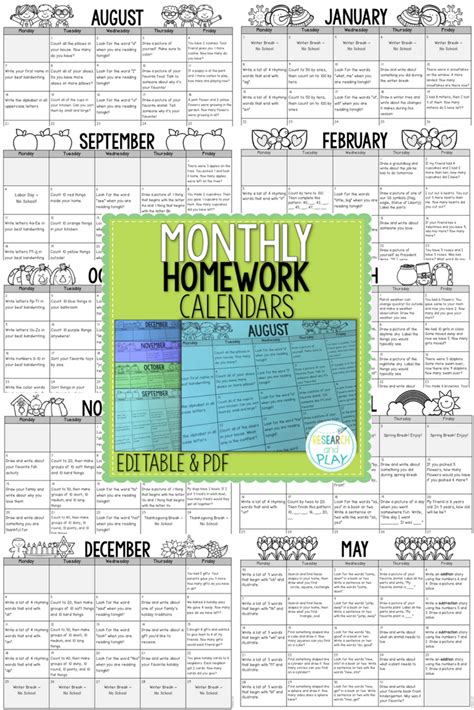 Editable Kindergarten Monthly Homework Calendars In English And Spanish