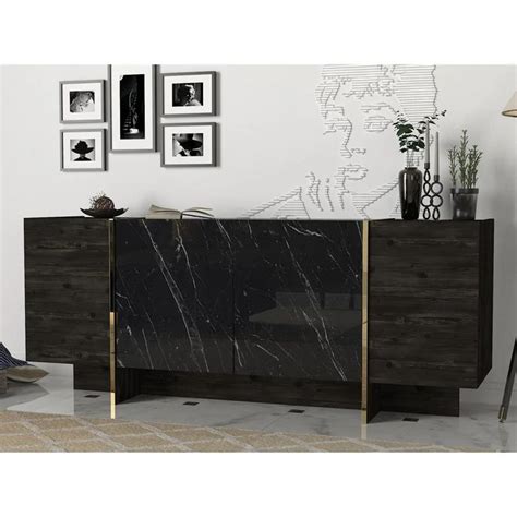 A Black And White Marble Sideboard In A Living Room With Pictures On