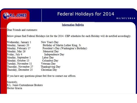 Federal Holidays For 2014 Rl Jones Customhouse Brokers Inc