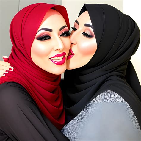 two hijab girl hugging and tongue kissing arthub ai