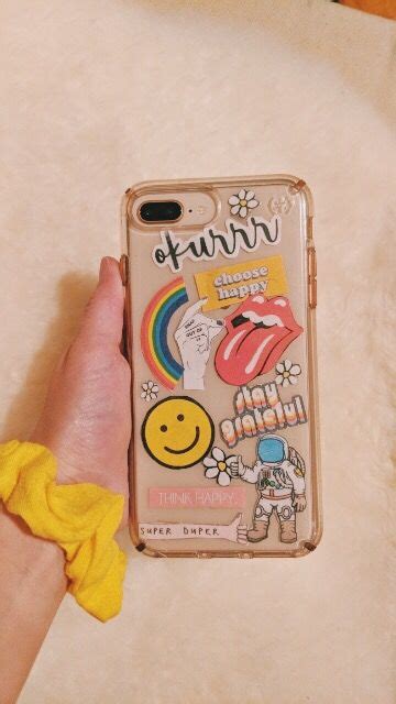Decorate a clear phone case with stickers. @bhavyaanoop - phone case #stickers #happy #retro #trendy ...