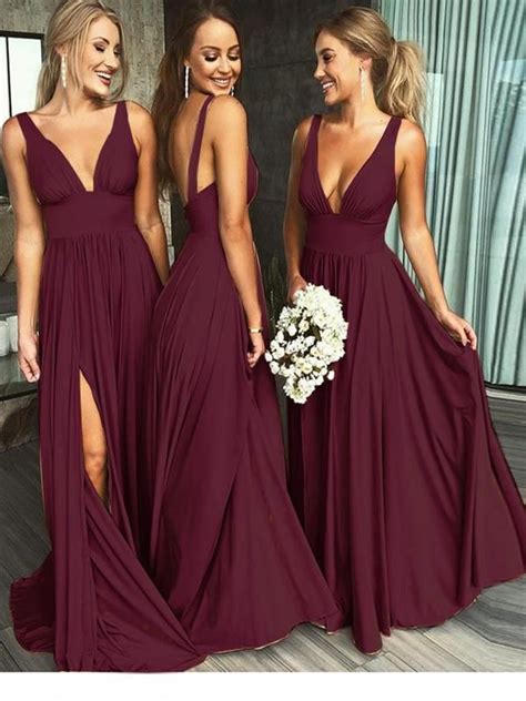 Gorgeous A Line V Neck Purple Chiffon Long Bridesmaid Dresses Maroon