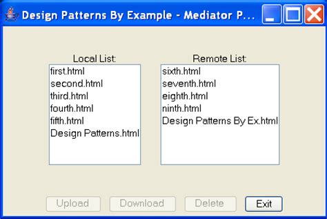 Mediator design pattern is one of the behavioral design pattern, so it deals with the behaviors of objects. Design Patterns By Example in Java- Mediator Pattern : Mediator Pattern « Design Pattern « Java