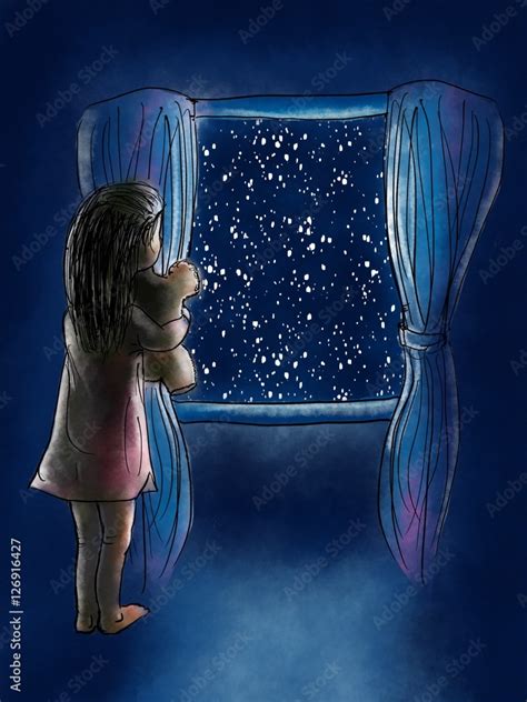 Girl Looking Out Window Night Painting Artwork Stock Illustration