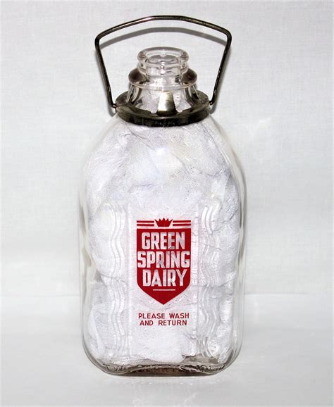 Vintage Two Quart Green Spring Dairy Glass Milk Bottle With Metal Handle