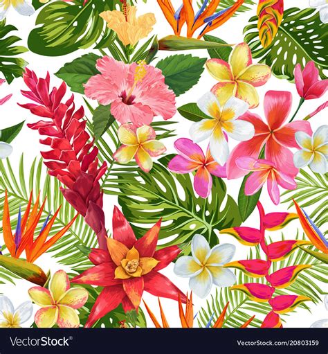 Tropical Flowers And Palm Leaves Seamless Pattern Vector Image