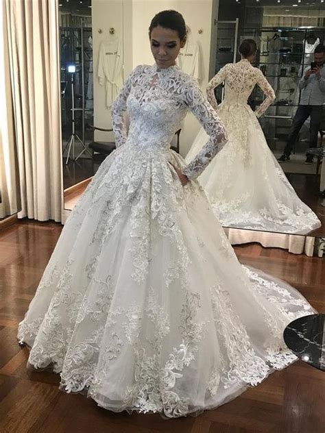 Vestido De Noiva 2019 Muslim Wedding Dress Appliques Lace Beaded Long Sleeves Puffy Wedding Gown