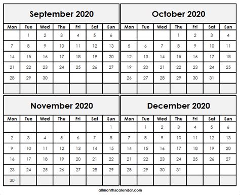 September October November December 2020 Calendar Free To Do List In
