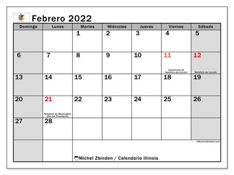 Calendario “illinois” Febrero De 2022 Para Imprimir Michel Zbinden Es