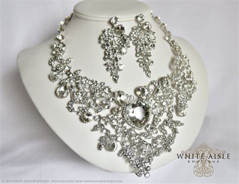 Heart Bridal Jewelry Set Statement Necklace Crystal Heart