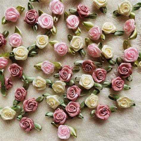 100pcs lot mini handmade rose flower satin ribbon rosettes fabric appliques for wedding
