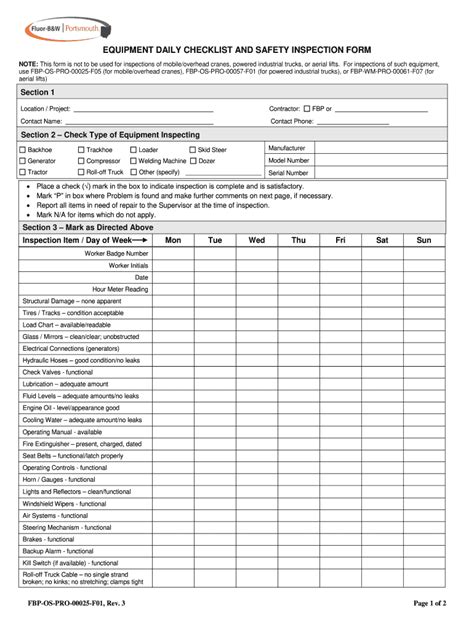 Printable Equipment Inspection Checklist Template Free Printable Templates