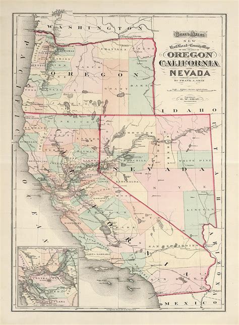 Old California Oregon And Nevada Map 1874 Vintage Western Us States