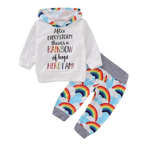 Puseky Toddler Baby Rainbow Print Outfits Set Long Pullover Hooded