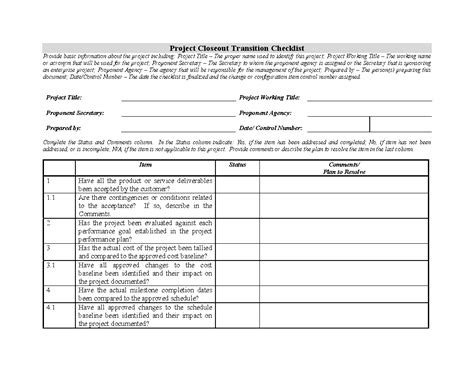 Project Closeout Transition Checklist 3 Page Word Document Flevypro