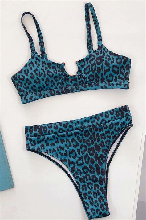 Blue Leopard Print High Waisted Bikini Swimsuit S Bikinis Swimwear