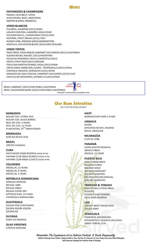 La Fabrica Central Restaurant menu in Cambridge, Massachusetts, USA