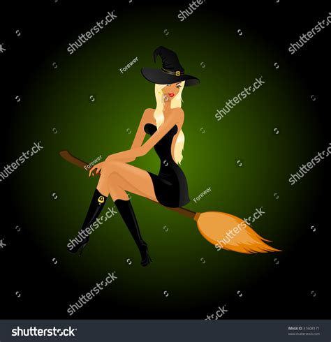 Beautiful Sexy Witch On A Broom Stock Vector Illustration