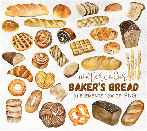 Watercolor Bread Supplies Png Bakery Clipart Bread Rolls Etsy