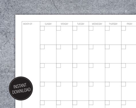 Simple Monthly Calendar Printable 85 X 11 Inch Blank Etsy