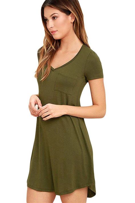 Army Green Casual V Neck Pocket Short Sleeve T Shirt Dress Mb22985 3