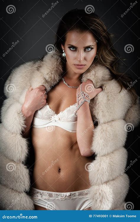 Lingerie In Fur Coat Stock Image Image Of People Girl 77493001