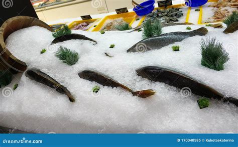 Fresh Fish On Ice In A Seafood Shop Store Stock Image Image Of Frozen
