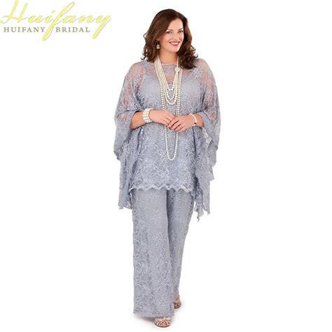 silver gray lace mother of the bride pant suits long sleeves three pieces plus size groom mother