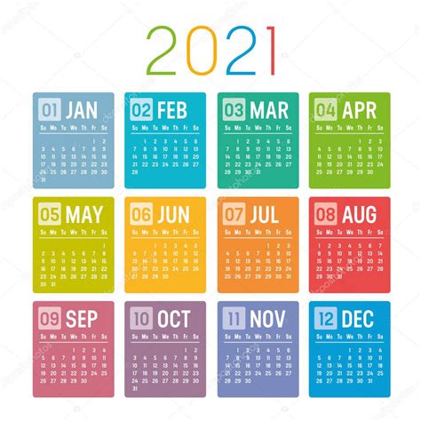 Año Colorido 2021 Calendario Aislado Sobre Fondo Blanco La Semana Comienza El Domingo