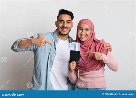 Halal Tourism Portrait Of Happy Muslim Couple With Passports And Tickets Stock Image Image Of