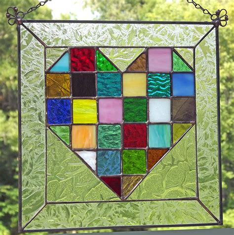 Reserved For Morgan Stained Glass Panel Scrap Heart Quilt Block Multi