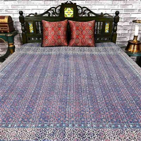 Order Blue White Ajrakh Kantha Bed Cover At Low Price
