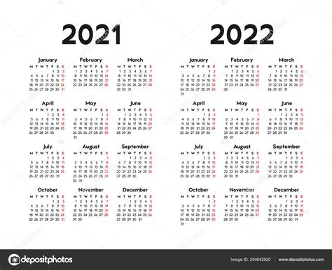Calendar 2021 2022 Week Starts Monday Basic Business Template Vector
