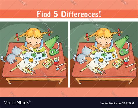 Find Differences Game With A Cartoon Girl Vector Image