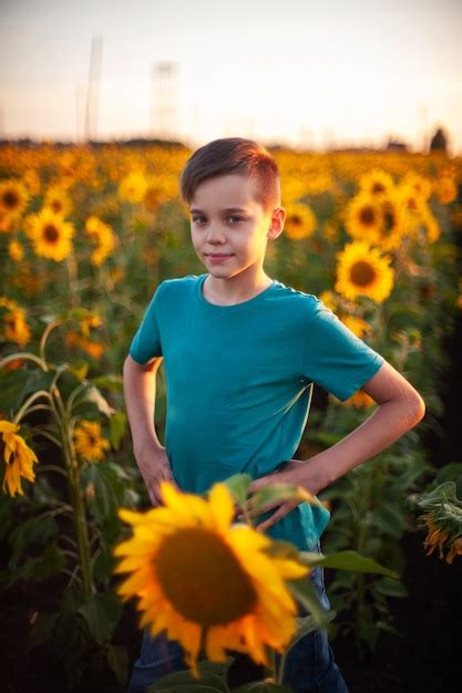 Premium Photo Portrait Of Beautiful Blond Kid Boy On Summer Sunflower