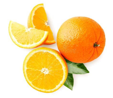 Ripe Orange With Half Slices And Leaves On A White Background