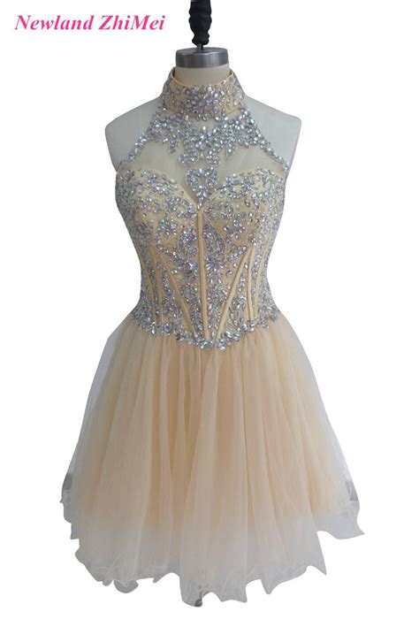 Champagne Short Cocktail Dress Sexy Halter Crystals Tulle A Line Girl