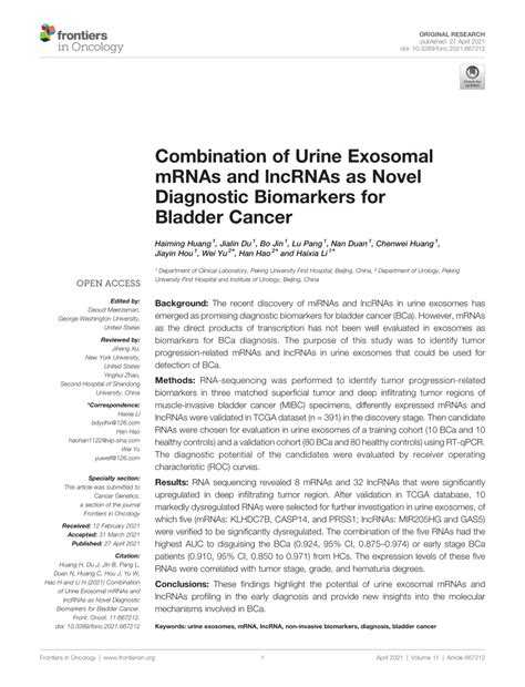 Pdf Combination Of Urine Exosomal Mrnas And Lncrnas As Novel