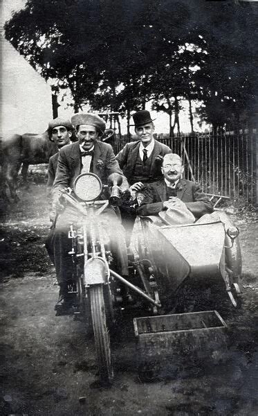 Four Men Sitting On Vintage Motorcycle And In Sidecar Photos Prints