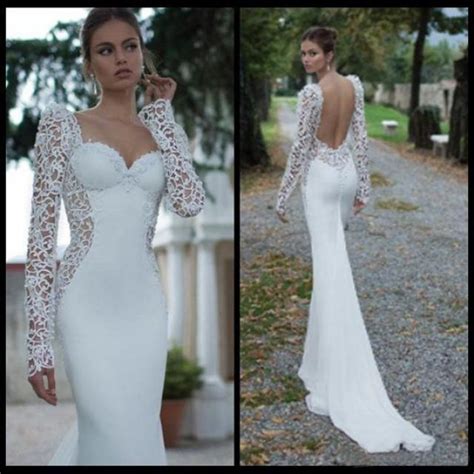 Long Sleeve Lace Backless Sweetheart Mermaid Wedding Dress White Open