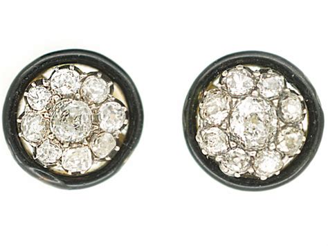 Art Deco Ct Gold Silver Diamond Cluster Earrings With Black Enamel