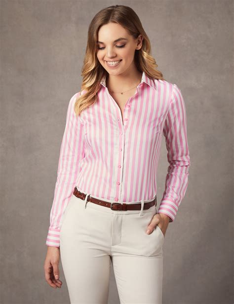 Women S Pink And White Bold Stripe Semi Fitted Shirt Single Cuff Hawes And Curtis