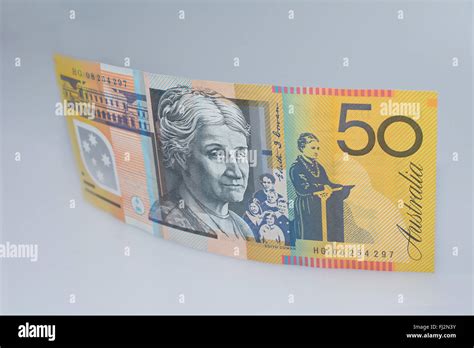 Standing Australian Fifty Dollar Banknote Edith Cowan Side Up Stock
