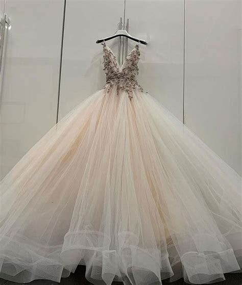 Champagne V Neck Tulle Lace Long Prom Dress Champagne Evening Dress In