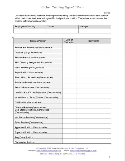 Kitchen Training Checklist Workplace Wizards Restaurant Forms