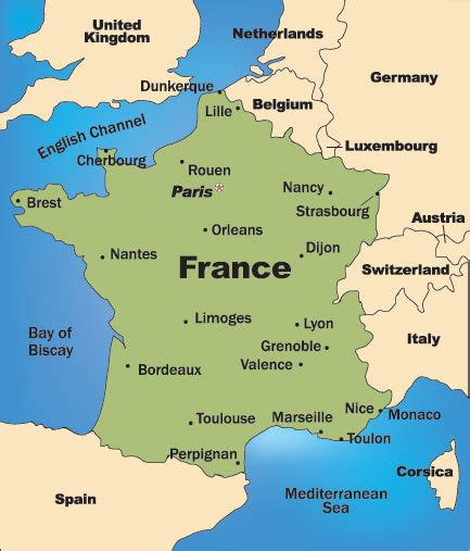 En el mapa de francia podemos ver que tiene frontera con 8 paises, españa, andorra, mónaco algunas de las playas de francia bañadas por el mar mediterráneo son de las más conocidas de. France - Honeymoon Regions