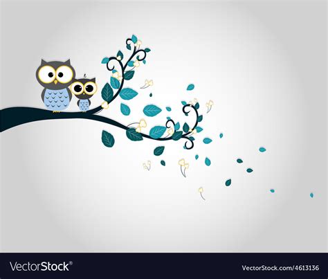 Two Cute Owls On A Tree Branch Silhouette Vector Image
