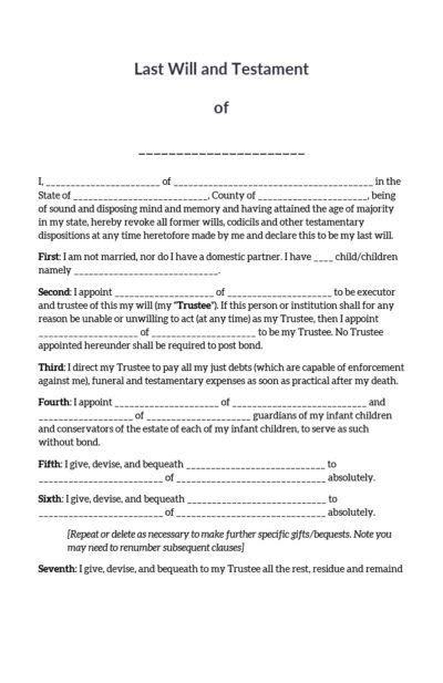 Last Will And Testament Form Template Form Lawyer Approved All States