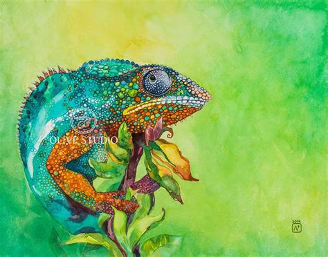 Watercolor Painting Of Chameleon Giclee Print Of